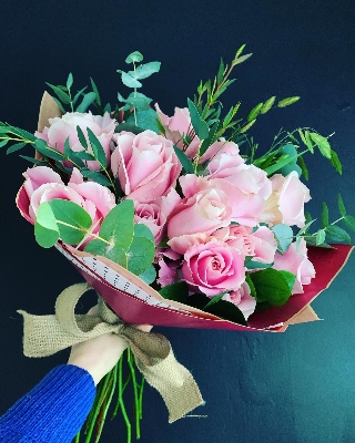 Dozen Pink Rose Hand tied Bouquet